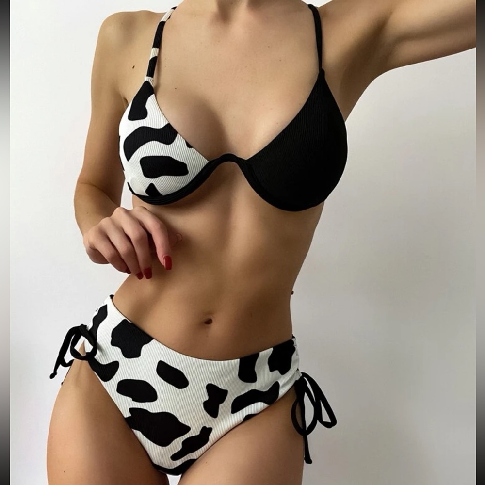 Cow print high waisted bikini with ties and bra like top black white